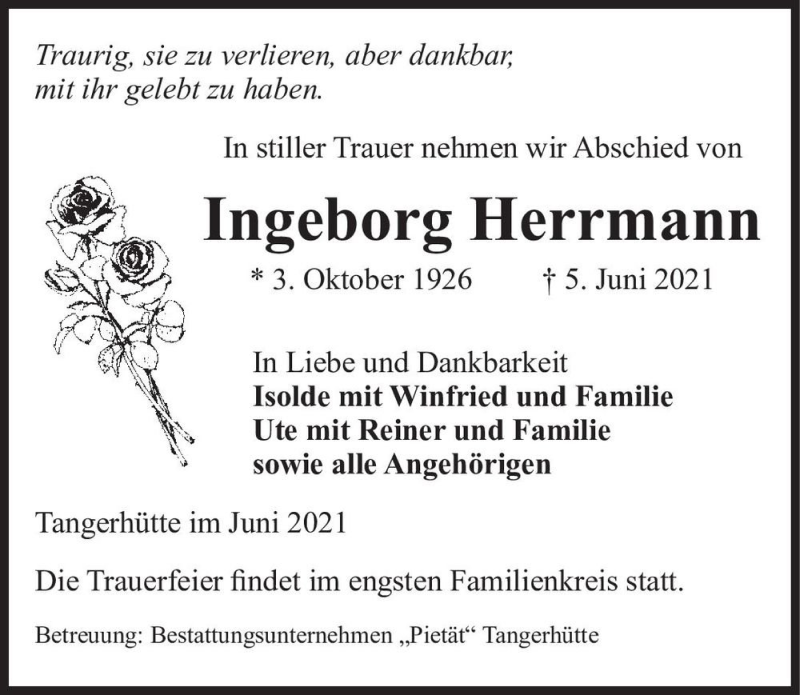  Traueranzeige für Ingeborg Herrmann  vom 12.06.2021 aus Magdeburger Volksstimme