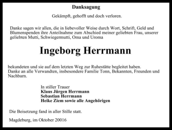 Traueranzeige von Ingeborg Herrmann  von Magdeburger Volksstimme