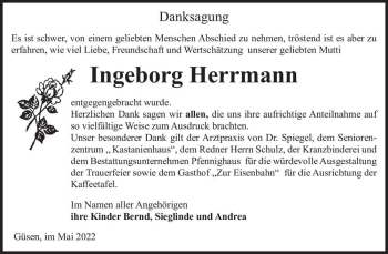 Traueranzeige von Ingeborg Herrmann  von Magdeburger Volksstimme