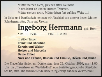 Traueranzeige von Ingeborg Herrmann (geb. Horn)  von Magdeburger Volksstimme