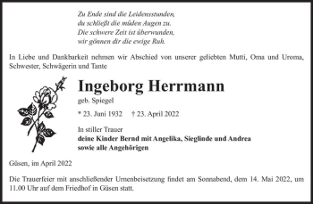 Traueranzeige von Ingeborg Herrmann (geb. Spiegel)  von Magdeburger Volksstimme