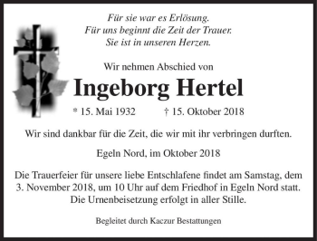 Traueranzeige von Ingeborg Hertel  von Magdeburger Volksstimme