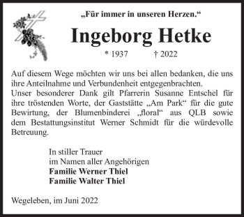 Traueranzeige von Ingeborg Hetke  von Magdeburger Volksstimme