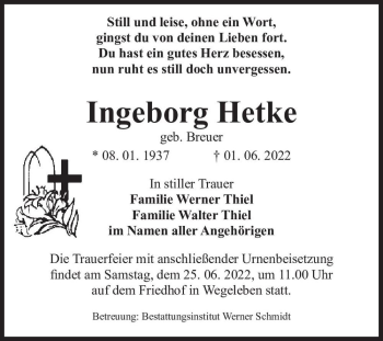 Traueranzeige von Ingeborg Hetke (geb. Breuer)  von Magdeburger Volksstimme