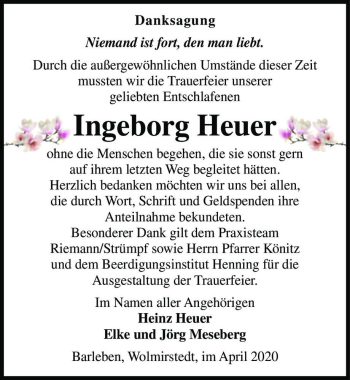 Traueranzeige von Ingeborg Heuer  von Magdeburger Volksstimme