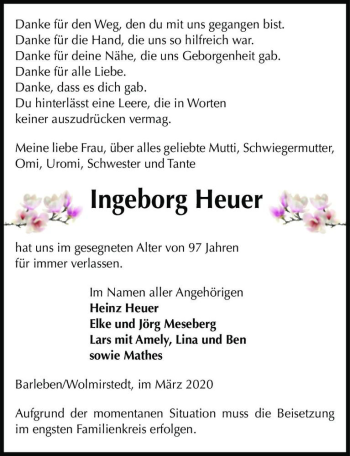 Traueranzeige von Ingeborg Heuer  von Magdeburger Volksstimme