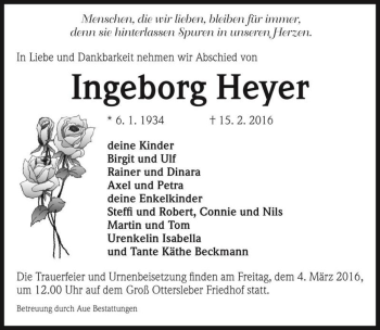 Traueranzeige von Ingeborg Heyer  von Magdeburger Volksstimme
