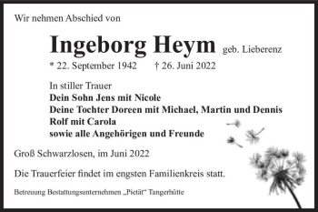 Traueranzeige von Ingeborg Heym (geb. Lieberenz)  von Magdeburger Volksstimme