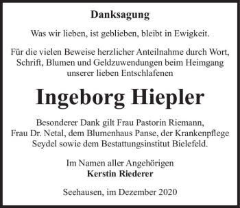 Traueranzeige von Ingeborg Hiepler  von Magdeburger Volksstimme