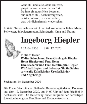 Traueranzeige von Ingeborg Hiepler  von Magdeburger Volksstimme