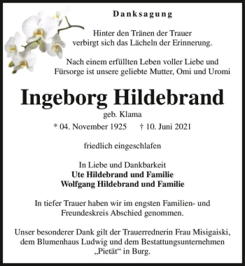 Traueranzeige von Ingeborg Hildebrand (geb. Klama)  von Magdeburger Volksstimme