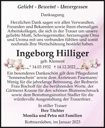 Traueranzeige von Ingeborg Hilliger (geb. Klement)  von Magdeburger Volksstimme