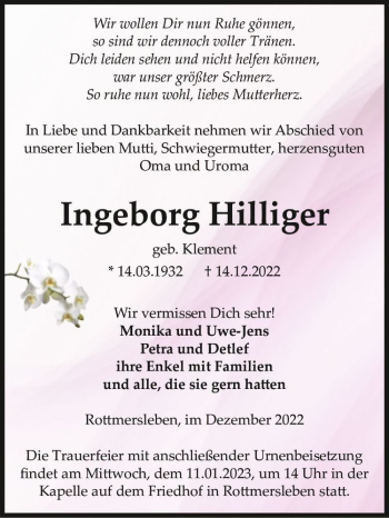 Traueranzeige von Ingeborg Hilliger (geb. Klement)  von Magdeburger Volksstimme