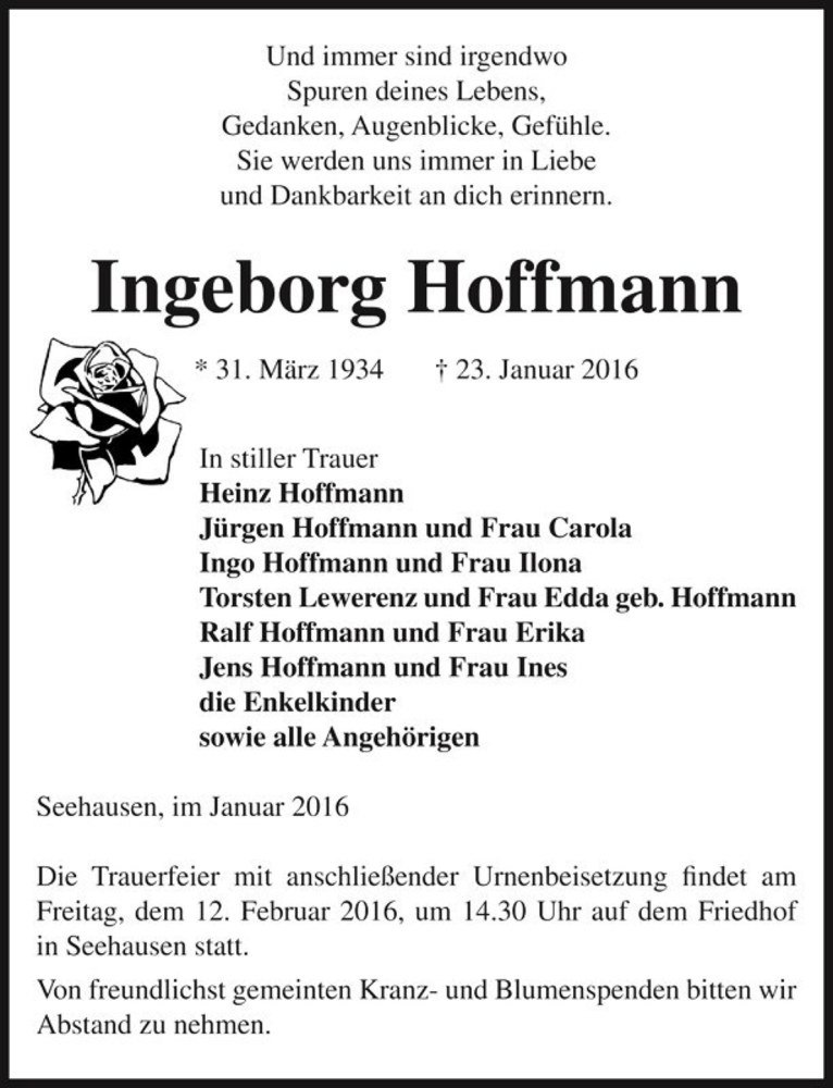  Traueranzeige für Ingeborg Hoffmann  vom 27.01.2016 aus Magdeburger Volksstimme