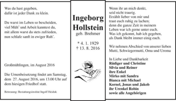 Traueranzeige von Ingeborg Hollstein (geb. Brehmer)  von Magdeburger Volksstimme