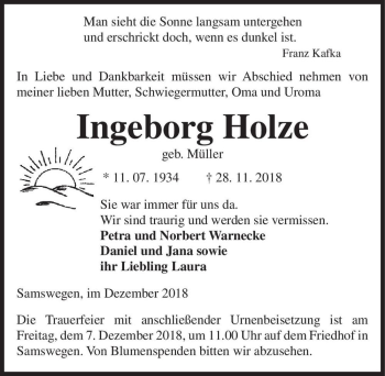 Traueranzeige von Ingeborg Holze (geb. Müller)  von Magdeburger Volksstimme
