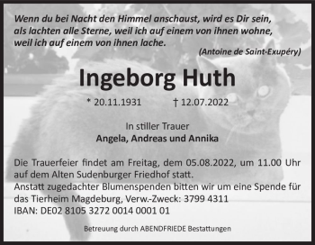 Traueranzeige von Ingeborg Huth  von Magdeburger Volksstimme