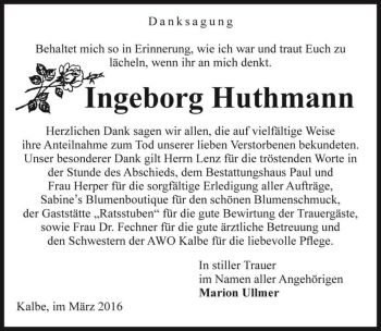 Traueranzeige von Ingeborg Huthmann  von Magdeburger Volksstimme