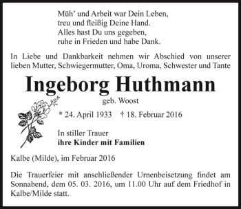 Traueranzeige von Ingeborg Huthmann (geb. Woost)  von Magdeburger Volksstimme