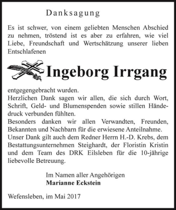 Traueranzeige von Ingeborg Irrgang  von Magdeburger Volksstimme