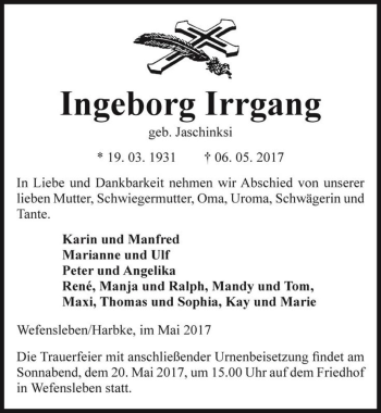 Traueranzeige von Ingeborg Irrgang (geb. Jaschinksi)  von Magdeburger Volksstimme