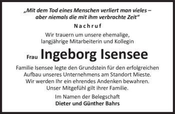 Traueranzeige von Ingeborg Isensee  von Magdeburger Volksstimme