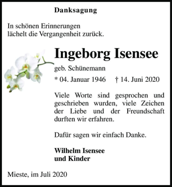 Traueranzeige von Ingeborg Isensee (geb. Schünemann)  von Magdeburger Volksstimme