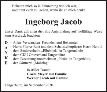Traueranzeige von Ingeborg Jacob  von Magdeburger Volksstimme