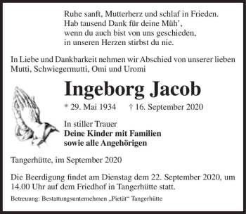 Traueranzeige von Ingeborg Jacob  von Magdeburger Volksstimme