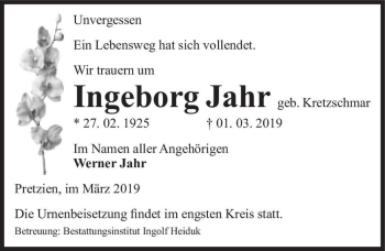 Traueranzeige von Ingeborg Jahr (geb. Kretzschmar)  von Magdeburger Volksstimme