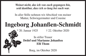 Traueranzeige von Ingeborg Johanßen-Schmidt  von Magdeburger Volksstimme