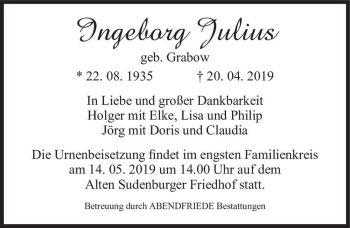Traueranzeige von Ingeborg Julius (geb. Grabow)  von Magdeburger Volksstimme