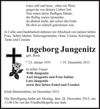 Traueranzeige von Ingeborg Jungenitz (geb. Bock)  von Magdeburger Volksstimme