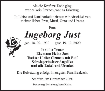 Traueranzeige von Ingeborg Just  von Magdeburger Volksstimme