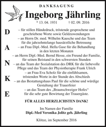 Traueranzeige von Ingeborg Jährling  von Magdeburger Volksstimme