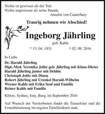 Traueranzeige von Ingeborg Jährling (geb. Kahle)  von Magdeburger Volksstimme