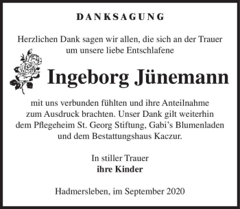 Traueranzeige von Ingeborg Jünemann  von Magdeburger Volksstimme