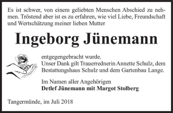 Traueranzeige von Ingeborg Jünemann  von Magdeburger Volksstimme