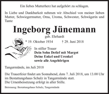 Traueranzeige von Ingeborg Jünemann (geb. Ehrhardt)  von Magdeburger Volksstimme