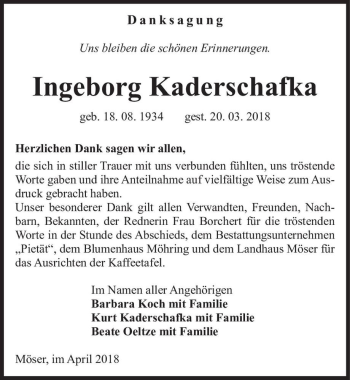Traueranzeige von Ingeborg Kaderschafka  von Magdeburger Volksstimme