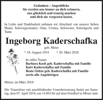 Traueranzeige von Ingeborg Kaderschafka (geb. Meier)  von Magdeburger Volksstimme
