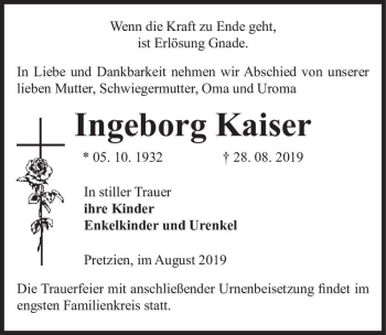 Traueranzeige von Ingeborg Kaiser  von Magdeburger Volksstimme