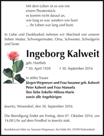 Traueranzeige von Ingeborg Kalweit (geb. Hartlieb)  von Magdeburger Volksstimme