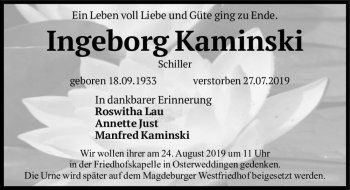 Traueranzeige von Ingeborg Kaminski (geb. Schiller)  von Magdeburger Volksstimme