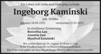 Traueranzeige von Ingeborg Kaminski (geb. Schiller)  von Magdeburger Volksstimme