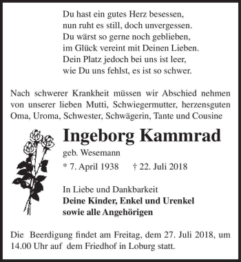 Traueranzeige von Ingeborg Kammrad (geb. Wesemann)  von Magdeburger Volksstimme