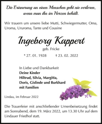 Traueranzeige von Ingeborg Kappert (geb. Fricke)  von Magdeburger Volksstimme