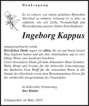 Traueranzeige von Ingeborg Kappus  von Magdeburger Volksstimme