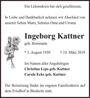 Traueranzeige von Ingeborg Kattner (geb. Borrmann)  von Magdeburger Volksstimme