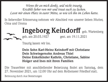Traueranzeige von Ingeborg Keindorff (geb. Wartenberg)  von Magdeburger Volksstimme